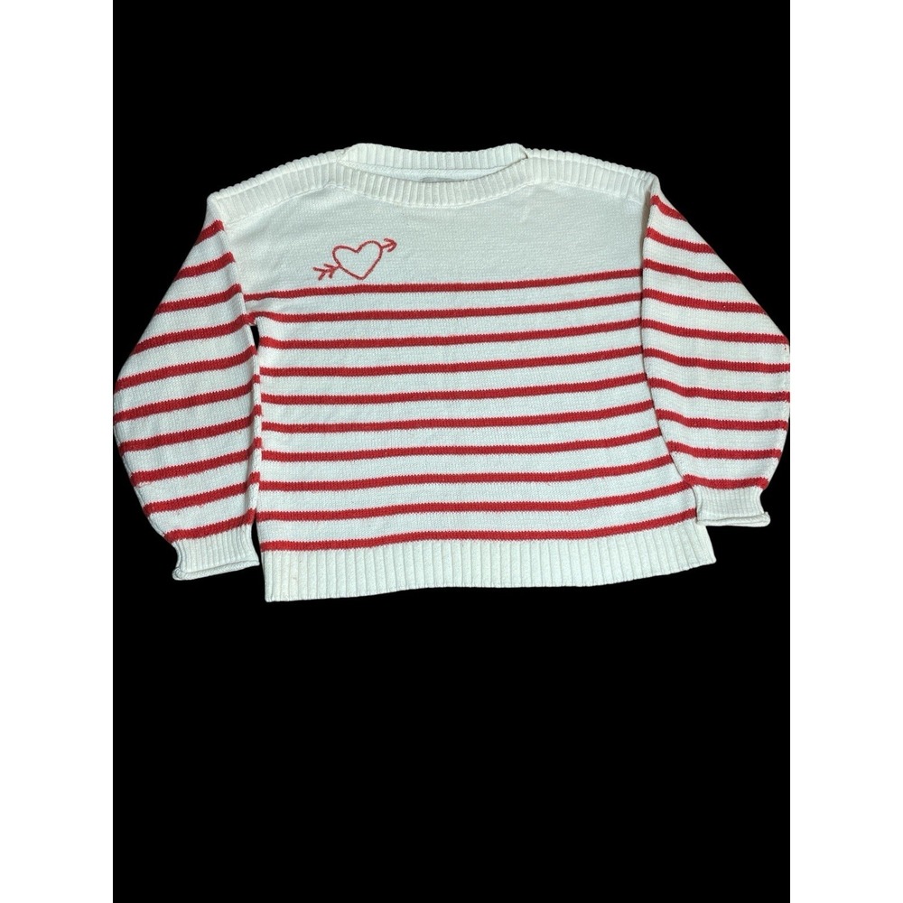 Loft W LP White Boatneck Red‎ Stripes Beaded Heart Sweater Valentines Day Love